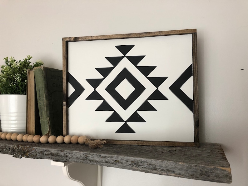 Aztec boho pattern wood sign tribal wall art black and white Etsy