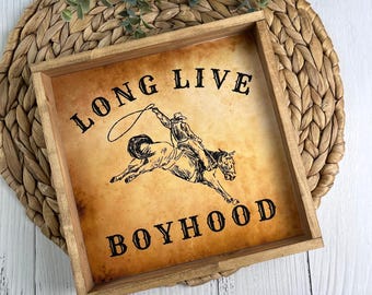 Longue vie à l'enfance, à l'enseigne en bois des cow-boys occidentaux, décoration de chambre de bébé rustique ou de garçon, décoration de chambre d'enfant rodéo