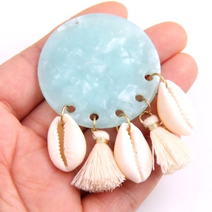 2PCS+ Tortoise Shell Acetate Acrylic Circle Earring Charms With Tassels and  sea shellPendant-Jewelry Supply 60 x 43 x 2.5mm A1266B