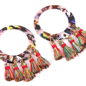 2PCS+ Tortoise Shell Acetate Acrylic Earring Charms-Circle Holes With Tassels Pendant-Earring Findings-Jewelry Supply 50 x 50 x 2.5mm A1061C