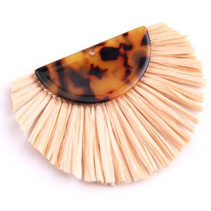 2PCS+ Tortoise Shell Acetate Acrylic Earring Charms with Raffia Tassels-Fan Tassels-Half Circle-Handmade Jewelery -60x52x3mm G1013A