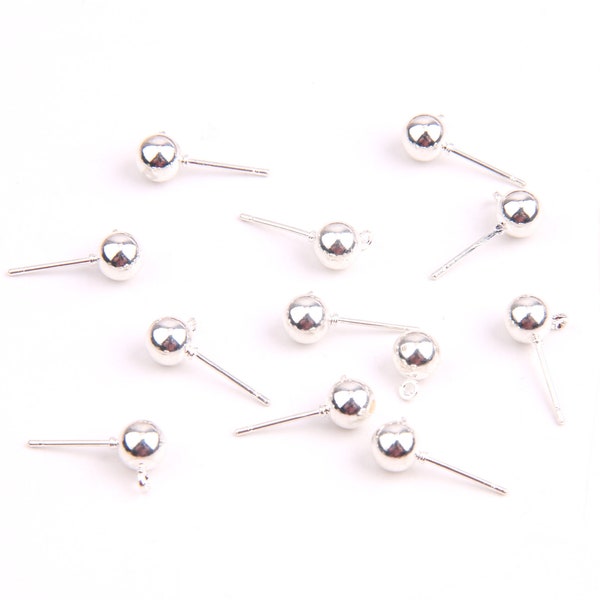 10PCS+ Brass earring Stud/post Charms - ball shape with hole-silver plated stud-Earring findings- Jewelry Supplies -6mm- D1038B