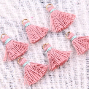 May include: Six pink tassel charms with gold rings and light blue trim. The tassels are arranged on a white fabric background.
