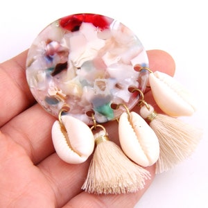 2PCS+ Tortoise Shell Acetate Acrylic Circle Earring Charms With Tassels and  sea shellPendant-Jewelry Supply 60 x 43 x 2.5mm A1266A