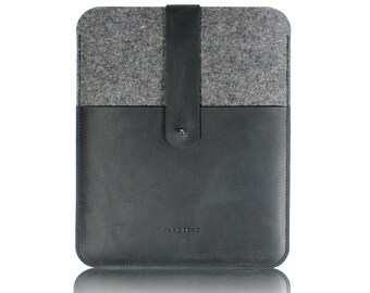 Caja de fieltro y cuero en gris negro para iPad Air y iPad Mini / caja de iPad hecha a mano en cuero negro y fieltro de lana gris