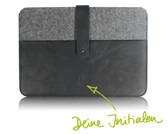 MacBook Case with your black leather initials with grey wool felt/sleeve for MacBook Pro handmade from leather and felt