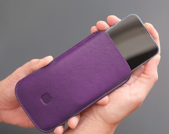 Mobile phone case made of purple leather // purple iPhone sleeve // high-quality leather mobile phone case // leather sleeve iPhone