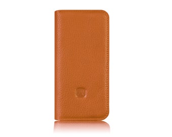 iPhone Case orange aus Leder mit Vakuumfolie iPhone 12, 13 & 14 | Klapphülle aus orangefarbenem Leder für iPhones | handgemachte Handyhülle