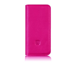 pinke iPhone Case aus Leder mit Vakuumfolie iPhone 13 & 14 | Klapphülle aus pinkem Leder für iPhones | handgemachte Handyhülle Leder