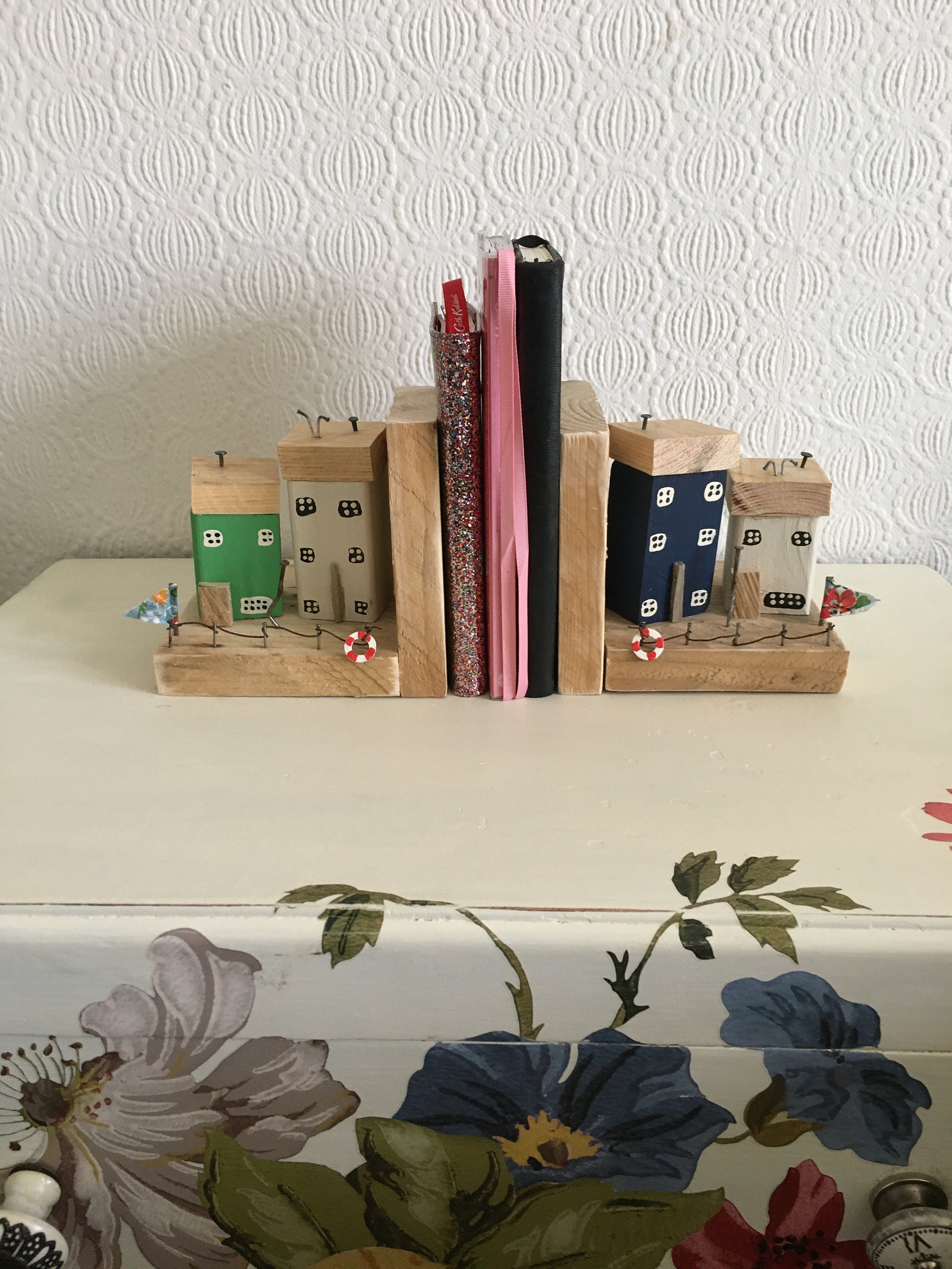 Reclaimed wooden cottage houses bookends handmade quirky gift Etsy