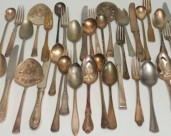 Tarnished Silverplate Flatware, Silverware Silverplate Forks, Spoons, Knives, Serving Utensils