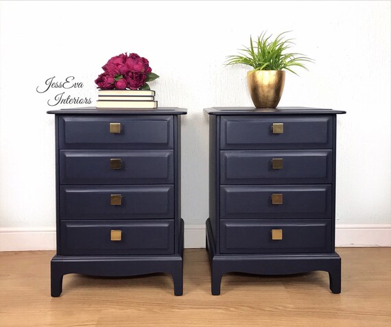 Excelent navy blue bedside table Stag Minstrel Bedside Tables Pair Of Navy Blue Cabinets Drawers Upcycled Furniture