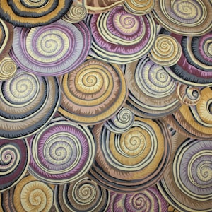 May include: A repeating pattern of spiral shapes in shades of brown, gold, gray, and purple. The design features overlapping circular forms with a central spiral, creating a textured, abstract effect. The overall theme is a decorative, artistic pattern.