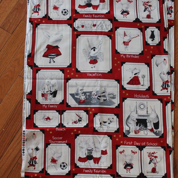 Olivia's Family Album Fabric by Ian Falconer for Andover Fabrics - Olivia Fabric / Olivia the Pig Fabric - Andover Pattern #3904 (Red) - OOP