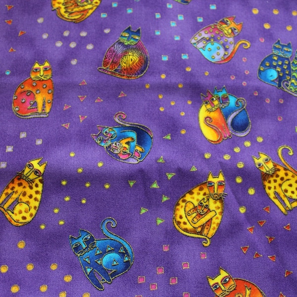 Fanciful Felines Tossed Cats Fabric by Laurel Burch for Clothworks - Tossed Cats (Purple) - OOP