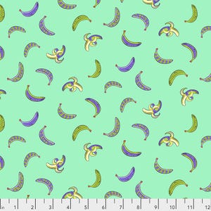 May include: A seamless pattern featuring a repeating design of green and purple bananas on a light green background.