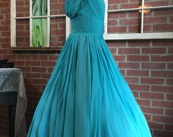Vintage 1950's Pleated Turquoise Blue Chiffon Party Dress - Etsy