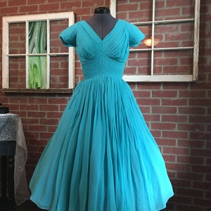 Vintage 1950’s Pleated Turquoise Blue Chiffon Party Dress