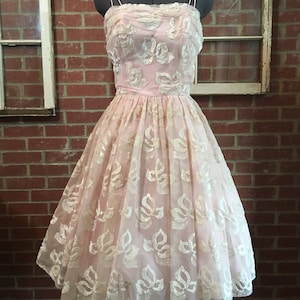 Vintage 1950’s Pastel Pink Flocked  Party Dress