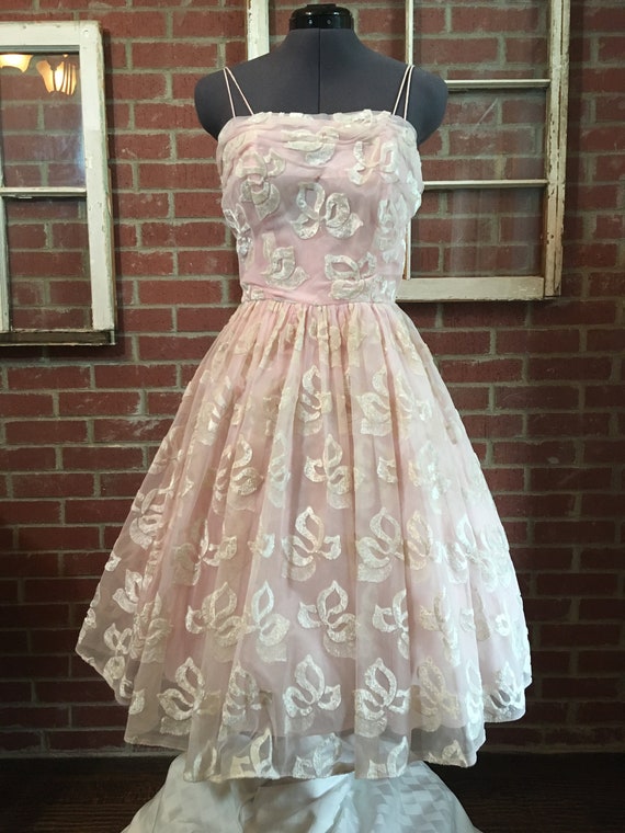 Vintage 1950’s Pastel Pink Flocked Party Dress
