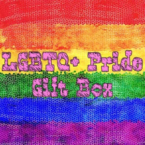 May include: An image with a mosaic-style background in the colors of the rainbow flag. The text "LGBTQ+ Pride Gift Box" is written in pink, outlined in black, and is centered on the image. The background is divided into horizontal bands of red, orange, yellow, green, blue, and purple.