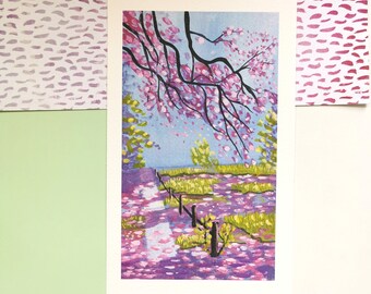 Cherry Blossom Fields Gouache Painting Art Print