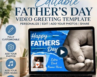 Puede incluir: Una pantalla de portátil muestra una plantilla de vídeo de felicitación para el Día del Padre con fondo azul, el texto Happy FATHERS Day y un espacio para una foto. La pantalla muestra una imagen en blanco y negro de manos entrelazadas.