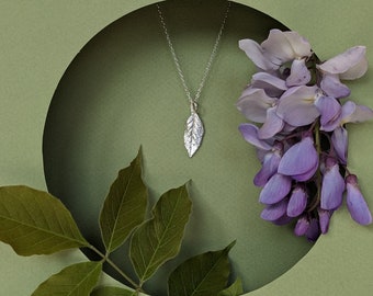 Leaf necklace, Tiny Wisteria leaf pendant, solid silver