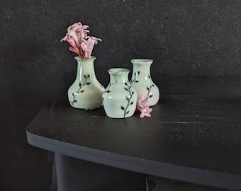 Daisy vases - Pale green with vine motif. Mini pots, miniature vases, hand thrown.