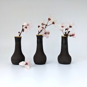 May include: Three black ceramic vases with a gold rim, each holding a sprig of delicate pink blossoms.