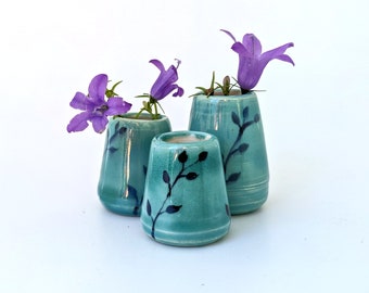 Daisy vases - Aqua blue with vine motif. Mini pots, miniature vase, hand thrown.