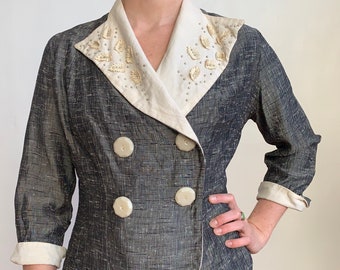 Vintage 1940's Handmade Blazer Embroidered Flowers Black Cream Size Medium or Large Pinup Double Breasted Blazer