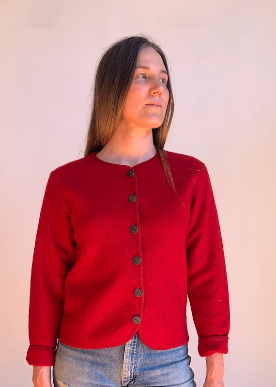 Vintage 1980s 100% Wool Sweater Red Classic Button
