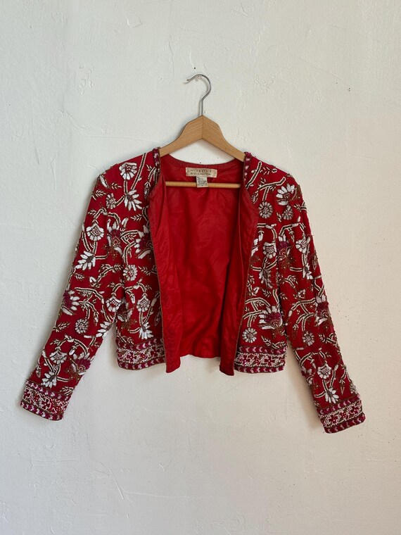 Vintage 1990s Beaded Jacket Glam Paisley Floral Print View 3