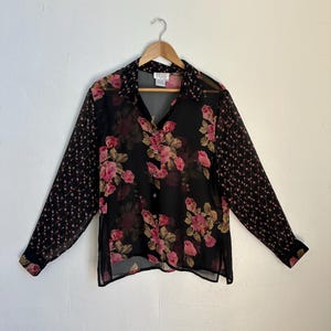 Vintage 1990s Floral 100% Silk Button Down Shirt 90s Silk Patchwork Oversized Large