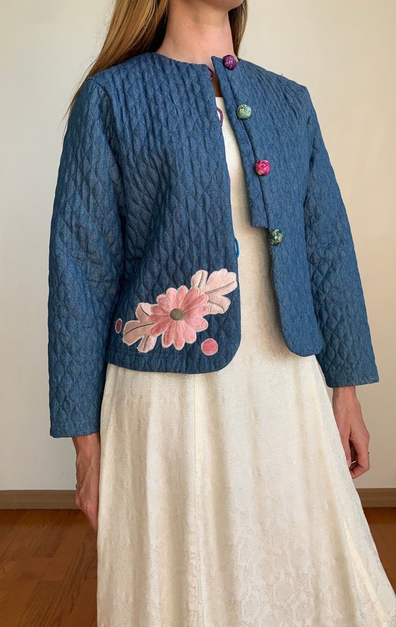 Vintage 1990's Denim Jacket Embroidered Rainbow Qu