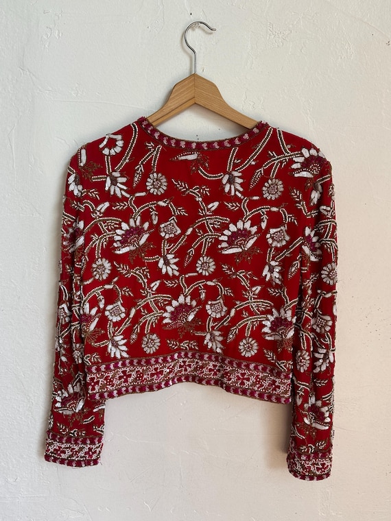 Vintage 1990s Beaded Jacket Glam Paisley Floral Print View 4