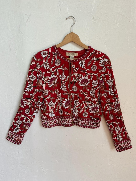 Vintage 1990s Beaded Jacket Glam Paisley Floral Print View 2
