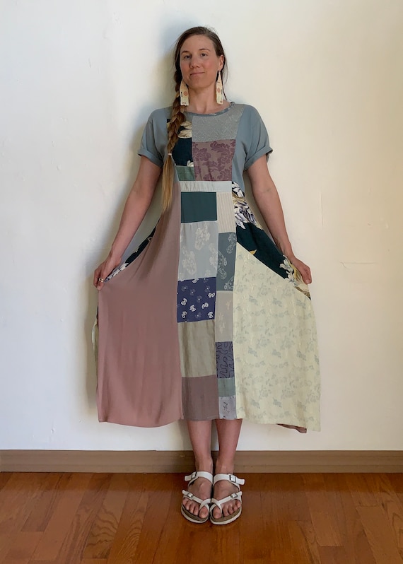 Vintage 1990s Donna Jessica Patchwork Dress Linen 