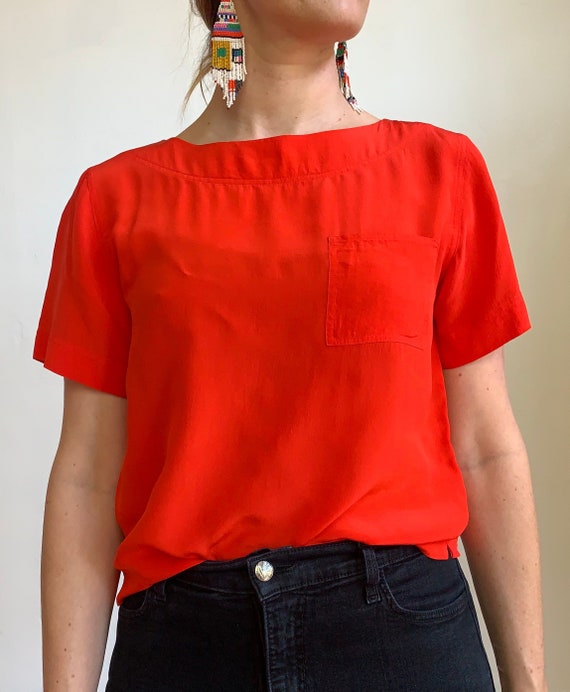 Vintage 1980s Cherry Red 100% Silk Top Blouse Size