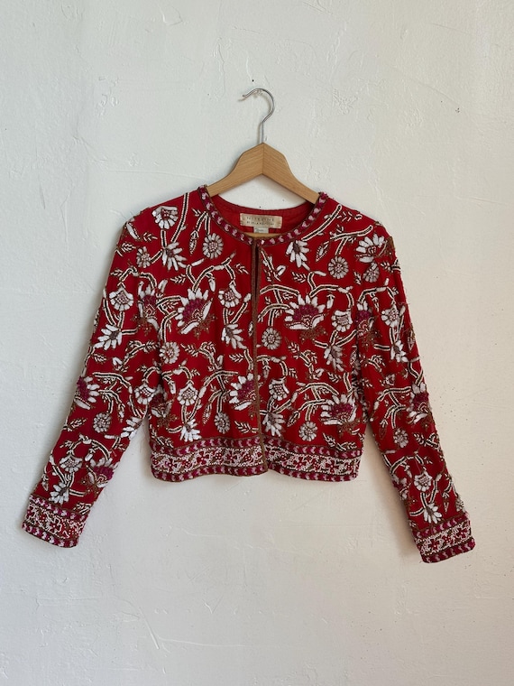 Vintage 1990s Beaded Jacket Glam Paisley Floral Print