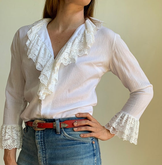 1970s White Blouse Button Down Ruffle Top Vintage