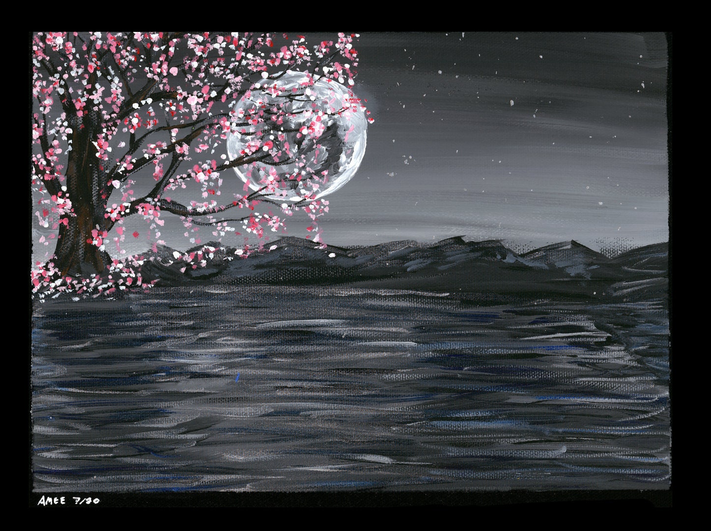 Cherry Blossom Moonlight Print Original Art Print Etsy