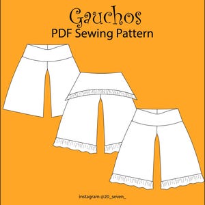 May include: A digital PDF sewing pattern for gauchos featuring three variations of wide-leg pants in black line art on an orange background. The text reads Gauchos PDF Sewing Pattern and instagram @20_seven_. The designs show different hem details.
