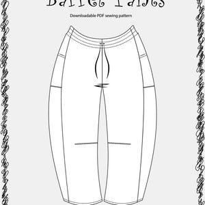 Op de afbeelding: Een zwart-witte lijntekening van een broek met een tonmodel. De tekst "Barrel Pants" staat bovenaan, met "Downloadable PDF sewing pattern" eronder. De broek heeft een trekkoord en zakken.