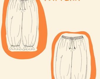 May include: A digital pattern for bloomer pants in two sizes: standard up to size 16 and big booty up to 3XL. The pattern includes two illustrations of the pants, one with a ruffle at the bottom.