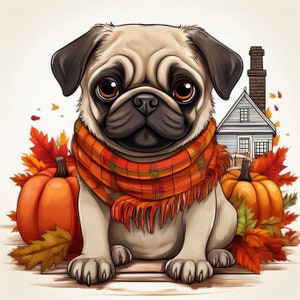 Puede incluir: Un perro pug con una bufanda de cuadros rojos y naranjas se sienta frente a una pequeña casa con calabazas y hojas de otoño.