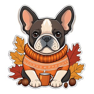Französische Bulldogge im kuscheligen Pullover mit heißem Kaffee PNG-Datei | Herbst Eichel und Herbstlaub Design