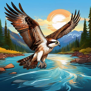 Osprey Soaring Over Idaho River PNG | Majestic Bird and Landscape Art