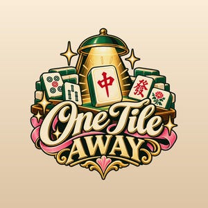 Op de afbeelding: Een grafische illustratie met een stapel Mahjong-tegels, waarbij een centrale tegel wordt verlicht door een groene lamp. De tekst One Tile AWAY staat in een vet, decoratief lettertype onder de tegels, geaccentueerd door een roze lint.
